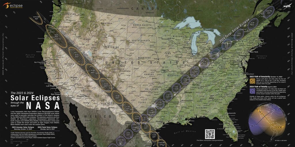 The paths of the solar eclipse in October 2023 and April 2024